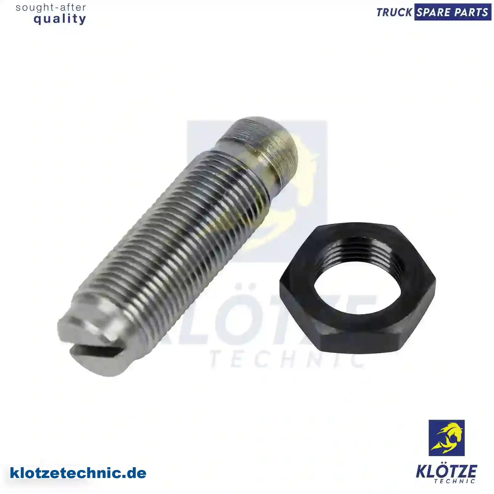 Adjusting Screw, With Nut 51042050021S, 4030550220S, 4420550020S, 51042050021S, 4030550220S, 4420550020S || Klötze Technic Spare Part | Engine, Accelerator Pedal, Camshaft, Connecting Rod, Crankcase, Crankshaft, Cylinder Head, Engine Suspension Mountings, Exhaust Manifold, Exhaust Gas Recirculation, Filter Kits, Flywheel Housing, General Overhaul Kits, Engine, Intake Manifold, Oil Cleaner, Oil Cooler, Oil Filter, Oil Pump, Oil Sump, Piston & Liner, Sensor & Switch, Timing Case, Turbocharger, Cooling System, Belt Tensioner, Coolant Filter, Coolant Pipe, Corrosion Prevention Agent, Drive, Expansion Tank, Fan, Intercooler, Monitors & Gauges, Radiator, Thermostat, V-Belt / Timing belt, Water Pump, Fuel System, Electronical Injector Unit, Feed Pump, Fuel Filter, cpl., Fuel Gauge Sender,  Fuel Line, Fuel Pump, Fuel Tank, Injection Line Kit, Injection Pump, Exhaust System, Clutch & Pedal, Gearbox, Propeller Shaft, Axles, Brake System, Hubs & Wheels, Suspension, Leaf Spring, Universal Parts / Accessories, Steering, Electrical System, Cabin