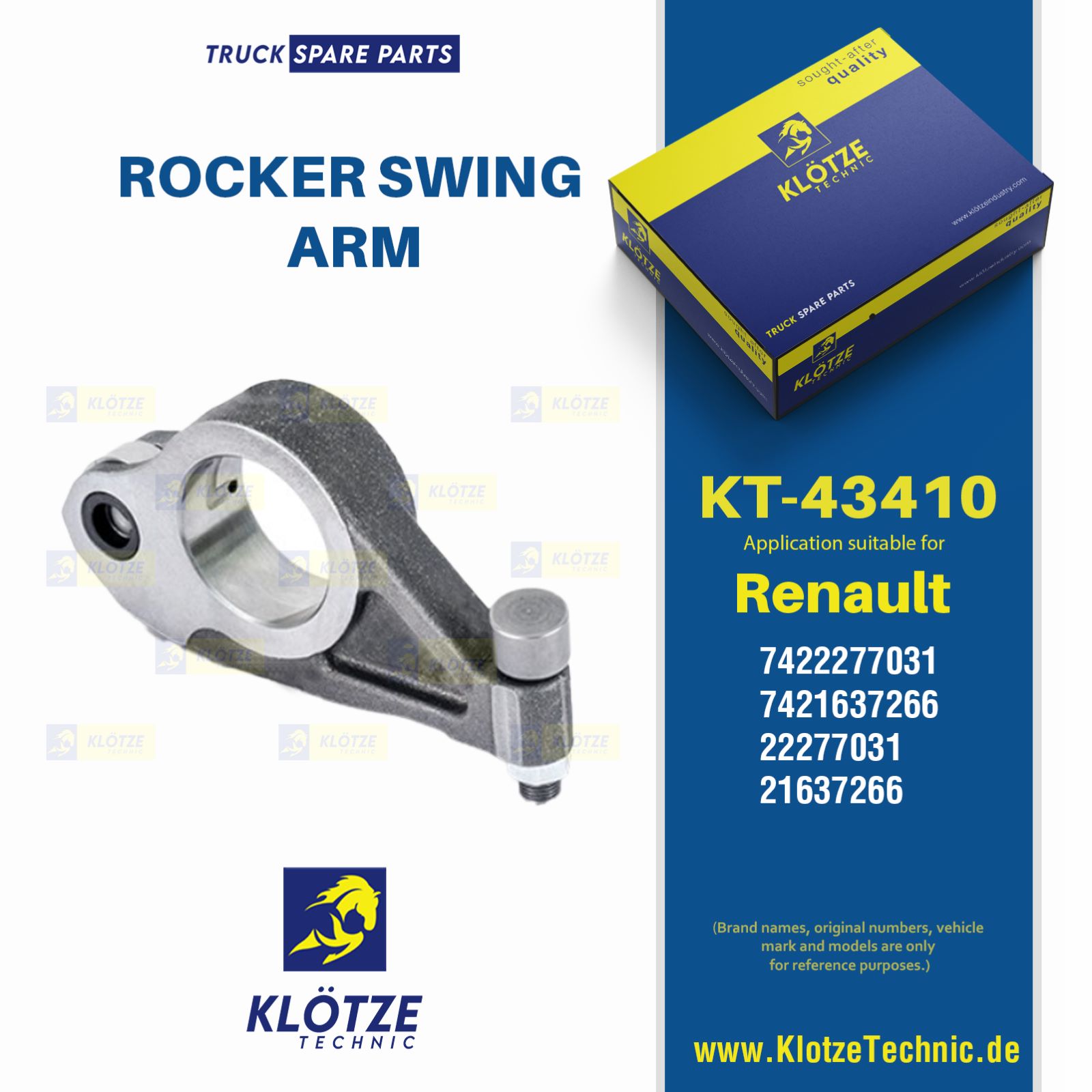 ROCKER SWING ARM, 7422277031, 7421637266, 22277031, 21637266 || Klötze Technic Spare Part | Engine, Accelerator Pedal, Camshaft, Connecting Rod, Crankcase, Crankshaft, Cylinder Head, Engine Suspension Mountings, Exhaust Manifold, Exhaust Gas Recirculation, Filter Kits, Flywheel Housing, General Overhaul Kits, Engine, Intake Manifold, Oil Cleaner, Oil Cooler, Oil Filter, Oil Pump, Oil Sump, Piston & Liner, Sensor & Switch, Timing Case, Turbocharger, Cooling System, Belt Tensioner, Coolant Filter, Coolant Pipe, Corrosion Prevention Agent, Drive, Expansion Tank, Fan, Intercooler, Monitors & Gauges, Radiator, Thermostat, V-Belt / Timing belt, Water Pump, Fuel System, Electronical Injector Unit, Feed Pump, Fuel Filter, cpl., Fuel Gauge Sender,  Fuel Line, Fuel Pump, Fuel Tank, Injection Line Kit, Injection Pump, Exhaust System, Clutch & Pedal, Gearbox, Propeller Shaft, Axles, Brake System, Hubs & Wheels, Suspension, Leaf Spring, Universal Parts / Accessories, Steering, Electrical System, Cabin